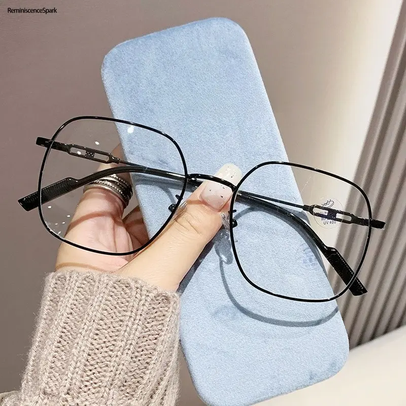Trendy Frames Blue Light Glasses for Women - Lightweight Eyewear, Polygon Metal Frame, Color Block Oversized, Non-Prescription & -1.00 to -5.0 Myopia Options, Computer Screen Time & Daily Wear Eye Strain Relief