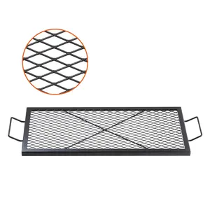 VEVOR X-Marks Fire Pit Grill Grate, Rectangle Cooking Grate, Heavy Duty Steel Campfire BBQ Grill Grid with Handle & Support X Wire, Portable Camping Cookware for Outside Party Gathering