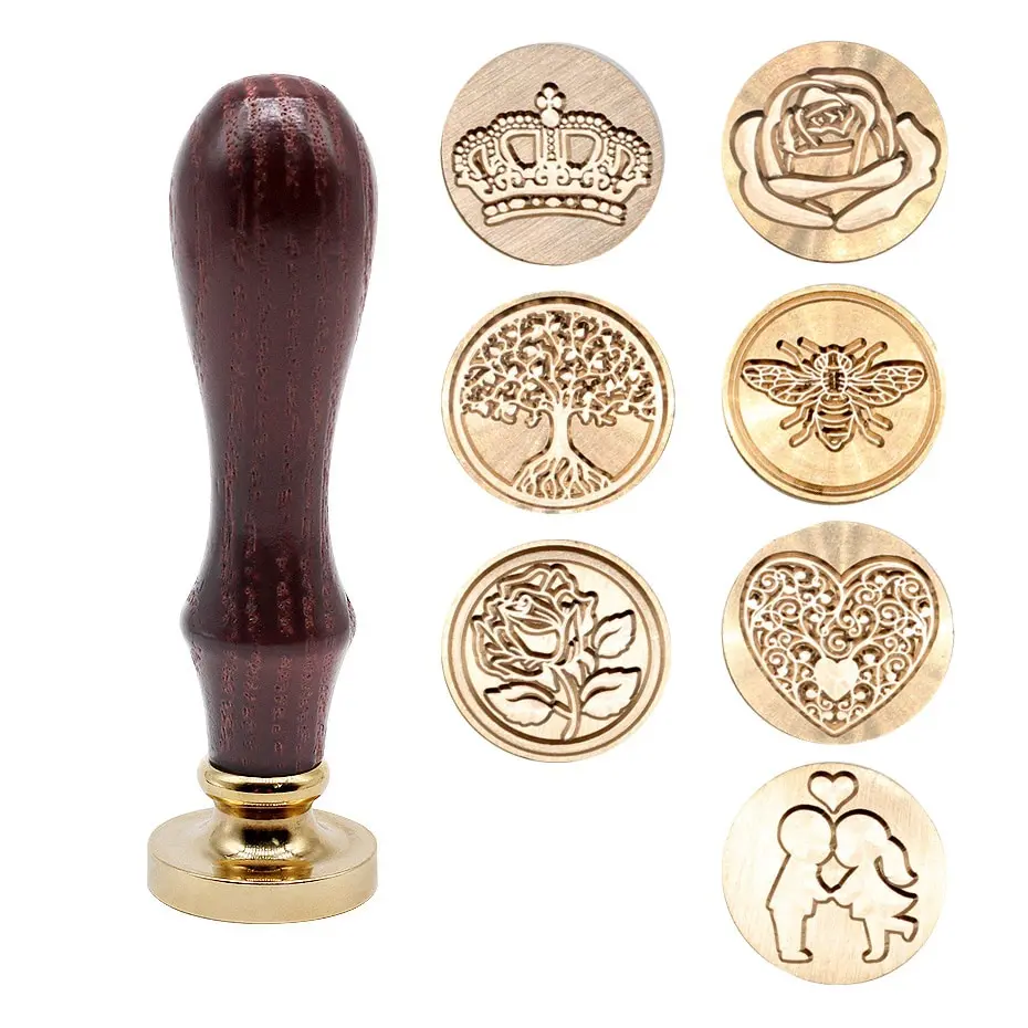 Vintage Traditional Brass Stamp with Wooden Handle, Engraved Wax Seal for Sealing Invitations, Stickers, Envelopes, Holiday Cards, Multiple Patterns Available