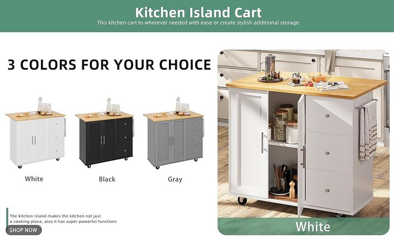 Walsunny Rolling Kitchen Island with Foldable Drop Leaf,  Adjustable Organiser Storage Cabinet with Cart Handle for Towel Rack, Portable Island, White