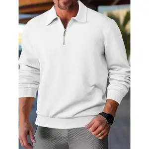 Men's Casual High-Quality Jacquard Long Sleeve Sweatshirt, Quarter Zip Design, Simple Solid Color, Comfortable Daily Wear, Multiple Sizes
