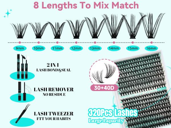AMZGIRL LASH 320 Clusters DIY Lash Extension Kit 30D+40D Individual Lashes with Waterproof Bond & Seal, Makeup Cosmetics