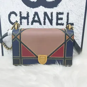 Pre-owned Dior Cowhide Shoulder Bags Diorama Medium Calfskin Canvas Check Rivet Shield Shoulder Bag Crossbody Bag