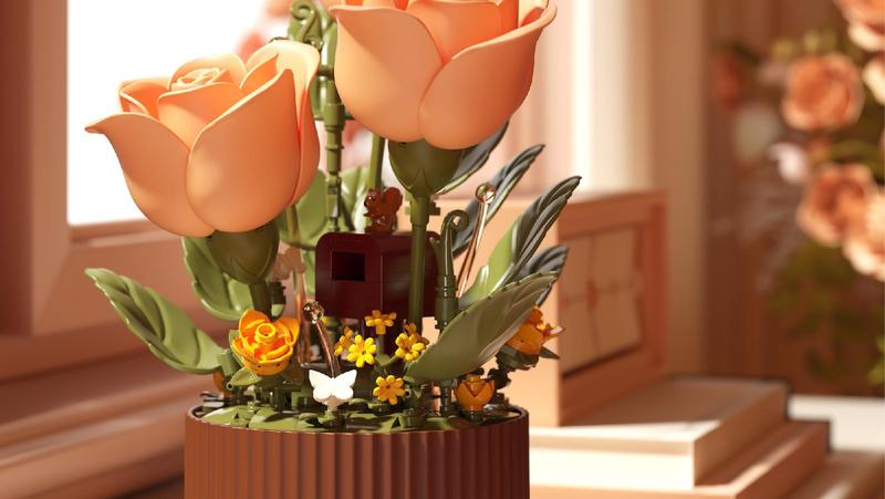 Dynamic Interactive Building Block Flower One Click Blooming Ambient Night Light Educational Assembly Desktop Ornament Perfect Gift(Building block style, requires assembly)