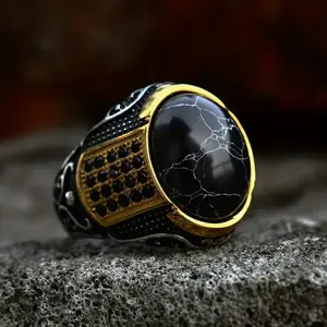 Vintage Style Men'S Punk Hip Hop Ring with Black Marble and Golden-ne Accents - Alloy, Single Band, Spring Fashion Accessory, Vintage Ring retro gothic hip-hop