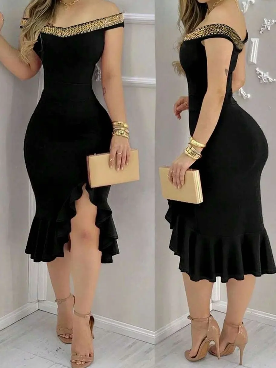 Sleeveless Halter Neck Sequin Trim Dress, Elegant Fitted Party Evening Dress