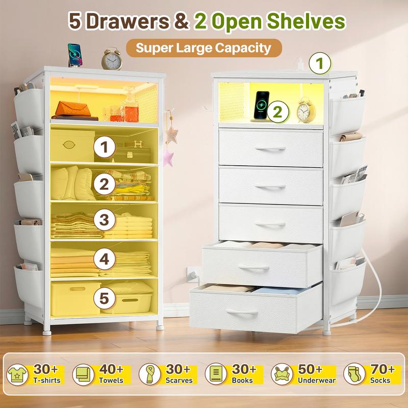 [with Free Gifts] Raybee LED Nightstand with Charging Station, Set of 1-2 Side Table with 5 Dresser Drawers, Tall LED Nightstands with USB Ports & Outlets, White End Table with Side Bag & Storage Shelf, Bedroom Furniture, Cabinet