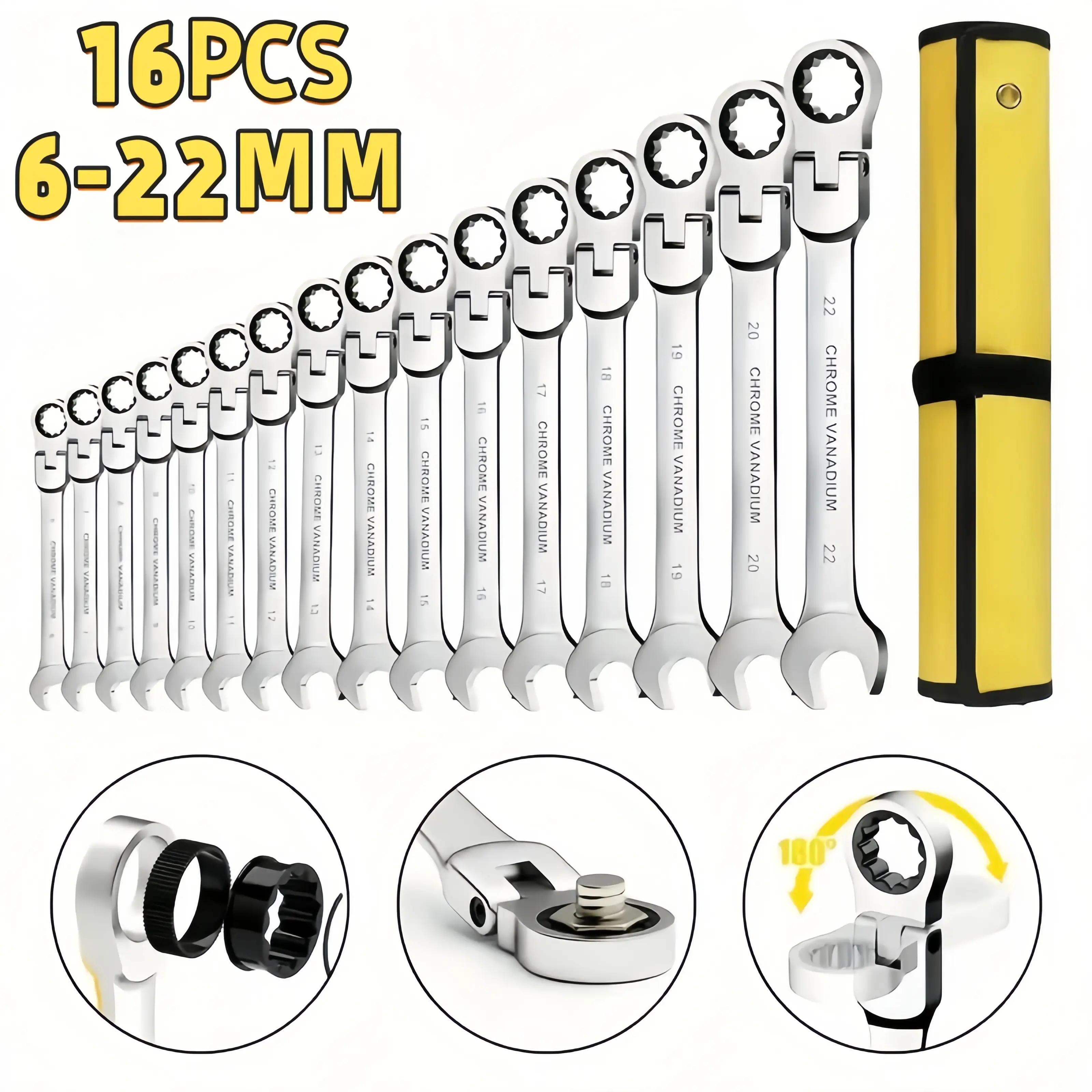 【DealsForYouDays】16PCS Flex-Head Ratcheting Wrench Set - Metric 6-22mm Chrome Vanadium Steel 72-Tooth Swivel Head Multifunctional Hand Tools with Rolling Pouch, Multifunctional Wrench Set, Flexible Combination Wrenches