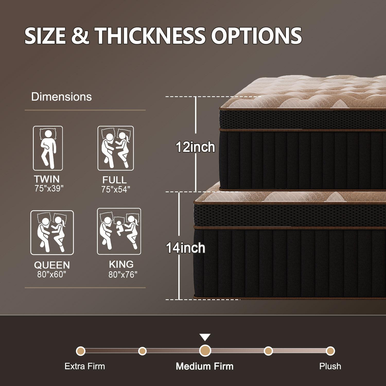 12"14" Twin Full Queen King Size Mattress in a Box Hybrid Spring Memory Foam, Medium Firm Ergonomic Mattress