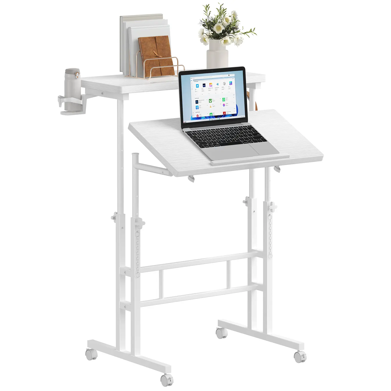 Split Top Rolling Standing Desk, 24" Mobile Laptop Desk, Manual Height Adjustable Workstation on Wheels, Sit Stand Office Table, Walking Pad Study Desk