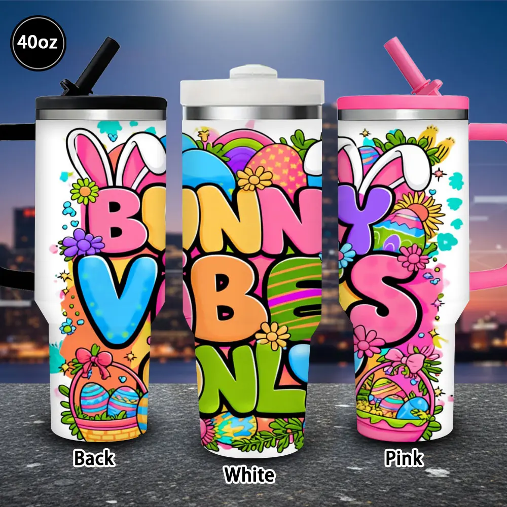 40 oz Insulated Easter Novelty Bunny Artwork Tumbler with Anti-Scalding Lid & Straw - 1 Vibrant Spring Vacuum Flask, Insulated Travel Mug for Hot/Iced Coffee, Ideal Gift for Women (Easter, Birthday), Valentine’s Day