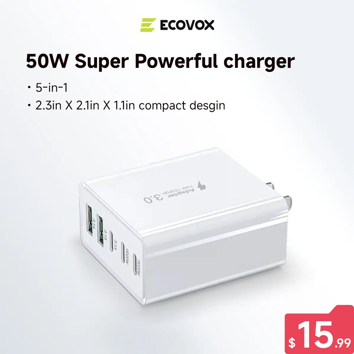 ECOVOX 50W GaN 5-in-1 USB C Charger Block PD 3.0 PPS Fast Compact Wall Charger for MacBook Air Pro iPad Pro iPhone 16 15 Galaxy S24 Super Powerful 5in1 Design tiktokshopspringglowup SummerVibes