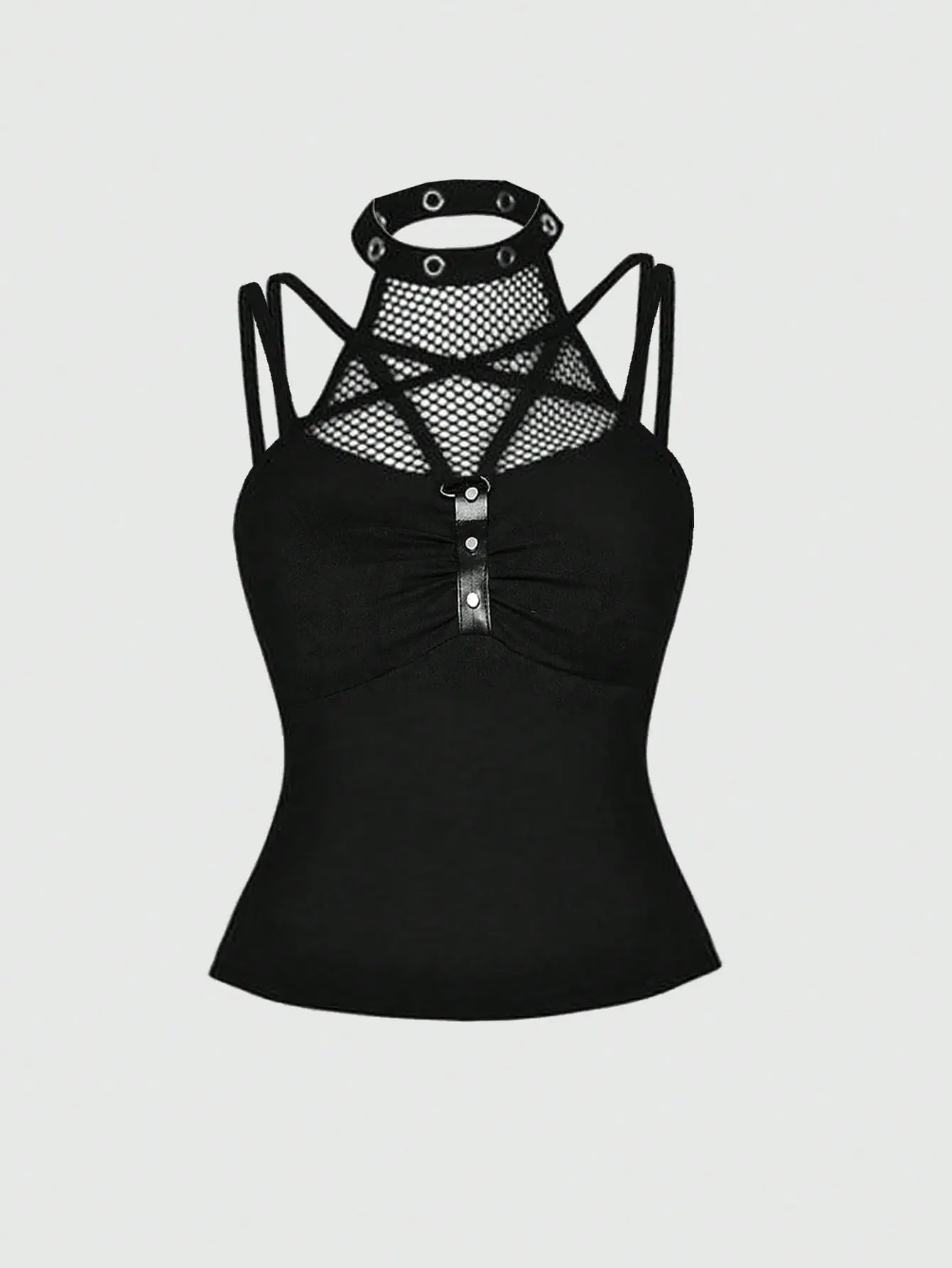 LALUZ Goth Spring Summer Carnival Party Casual Black Fashion Punk Patchwork Fishnet Halter Neck Top