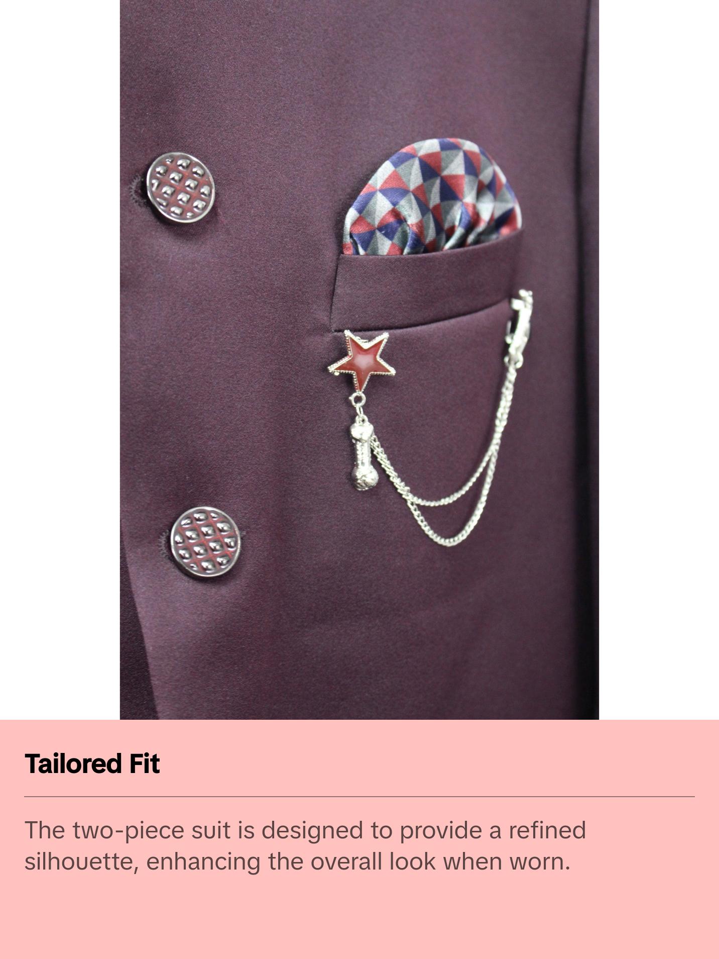 Burgundy Colored Two Piece Suit for Men with Hand Embroidered Collar