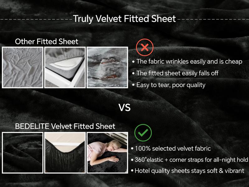 BEDELITE Velvet Fitted Sheet and Pillowcases Set Luxury Soft Fuzzy Bottom Sheet with Reinforced Elastic Corner Straps Deep Pocket up to 15 Inch 1 Fitted Sheet and Pillowcases Black Twin Full Queen King Cal King Sizes Valentine's Day gift