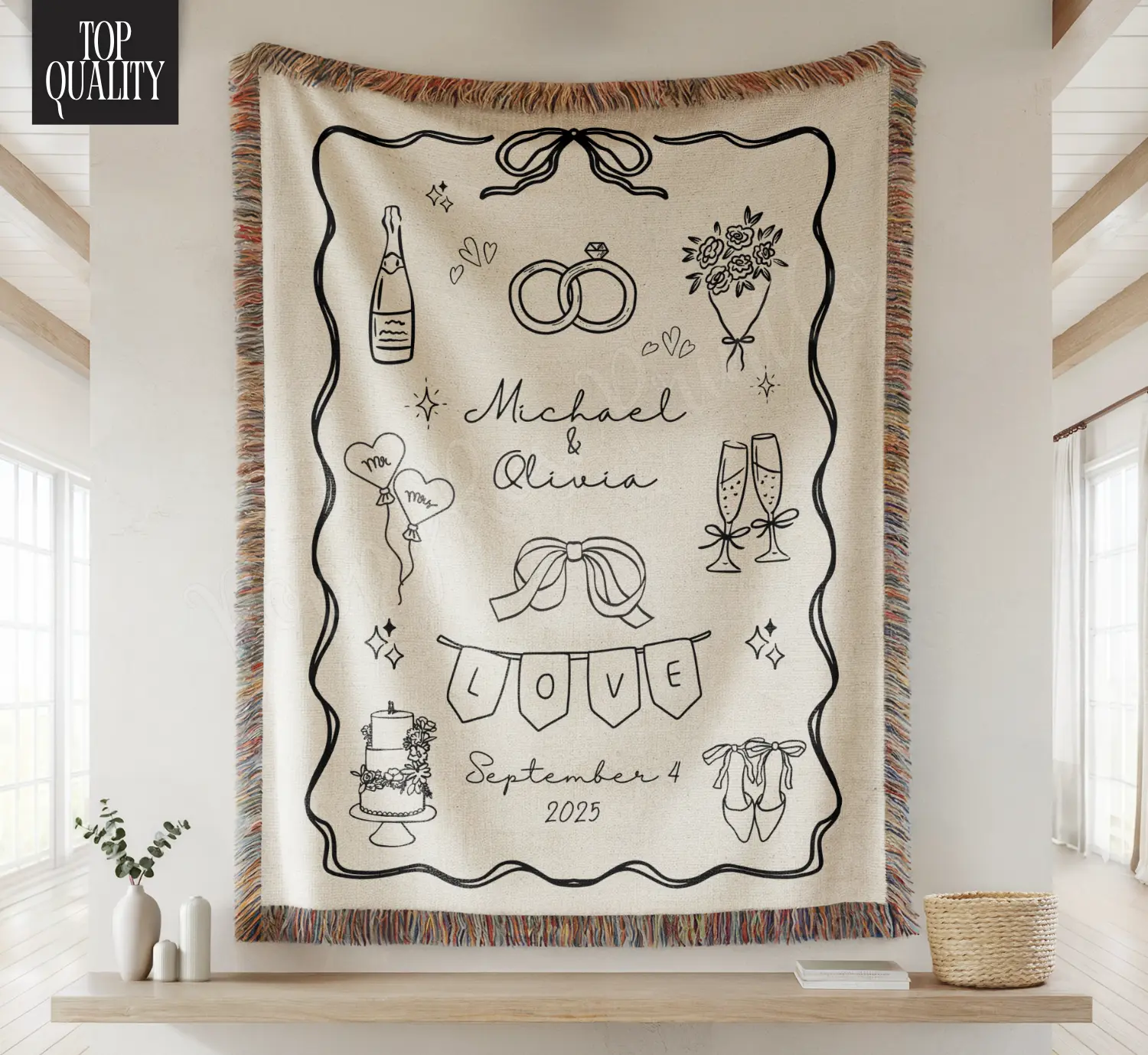 Custom Marriage Blanket Wedding Blanket Personalized Couple Gift 100% Cotton Soft Durable Wedding Keepsake