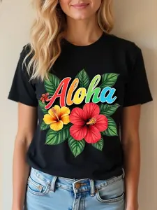 Women's Hawaiian Aloha T-Shirt with Hibiscus & Plumeria Flower Print & Aloha Lettering - Lightweight Breathable Short Sleeve Crew Neck Top in Hawaiian Colors (Pink, Yellow, Orange, Green, Blue) for Beachwear, Hawaiian Luau Outfits, Casual