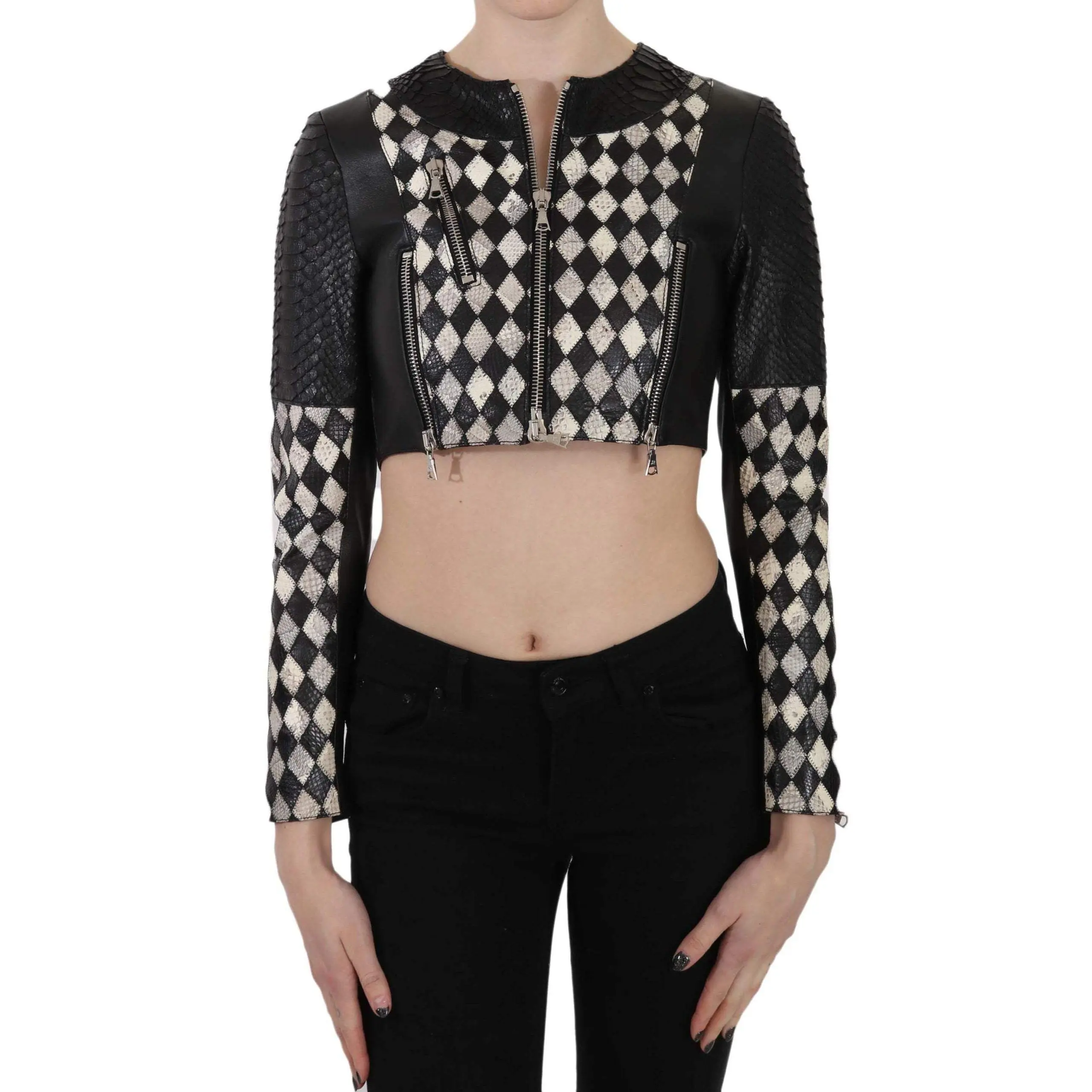 John Richmond Black White Leather Short Cropped Biker Jacket Coat