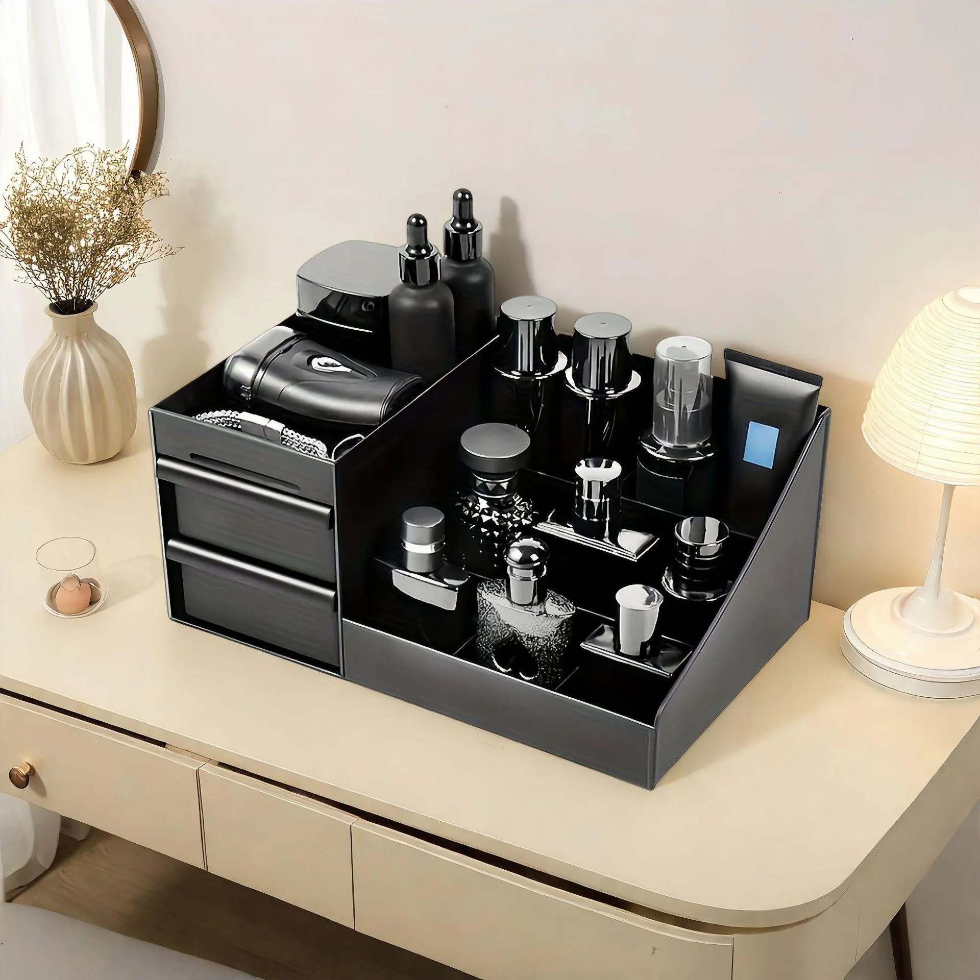 3-Tier 7-Slot Waterproof Plastic Bathroom Storage Box with Hollow Bottom, Deep Drawers, Vanity Organization Caddy for Cosmetics, Men's Room Accessories, Father’s Day Valentine’s Day Gift