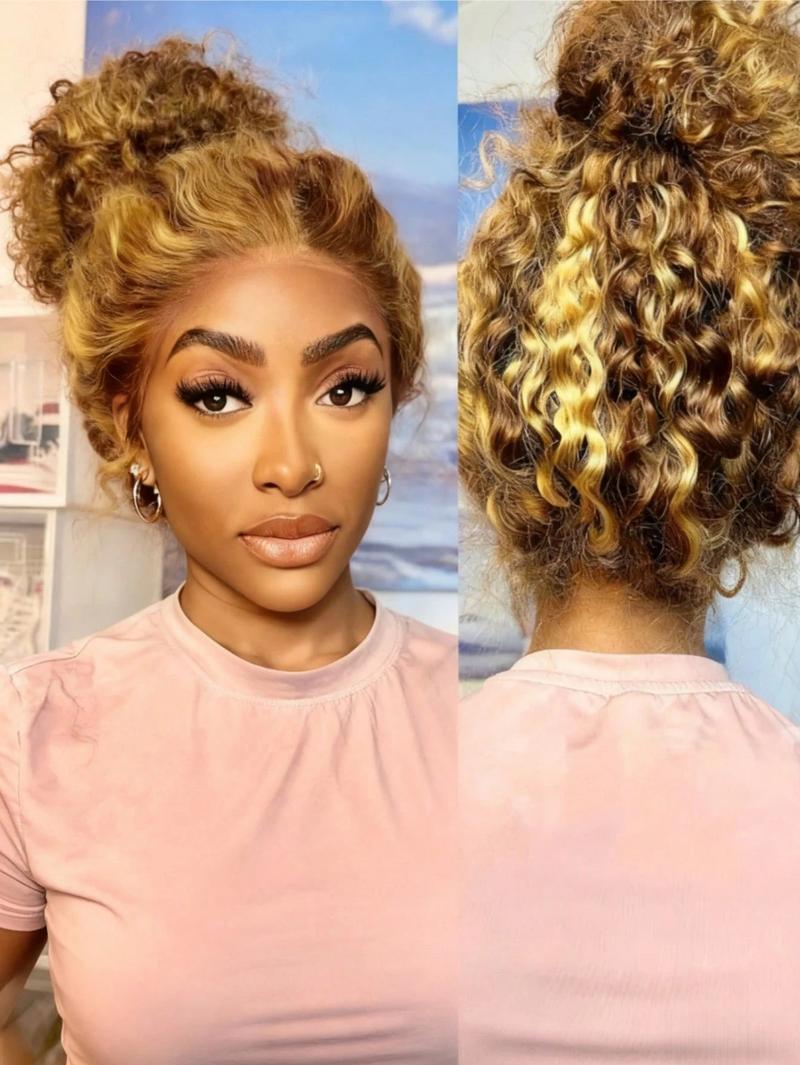 30 36 Inch Highlight 360 Deep Wave Wig Hidden Invisible Strap 360 Full Lace Front Wigs Human Hair 180% Density Ombre Honey Blonde Drawstring Wig Human Hair For Women Pre Plucked Colored 4/27 Glueless Curly Wig Human Hair