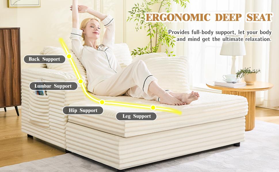 Oversized Chaise Lounge Chair Indoor, 49" Upholstered Sofa Bed with Frame, Plush Faux Fur Sleeper Couch with Throw Pillows, Armrests&Cup Holders, Deep Seat Reading Chair for Living Room, Bedroom,Beige