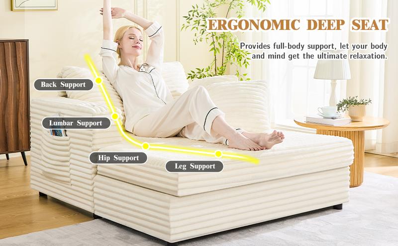 Oversized Chaise Lounge Chair Indoor, 49" Upholstered Sofa Bed with Frame, Plush Faux Fur Sleeper Couch with Throw Pillows, Armrests&Cup Holders, Deep Seat Reading Chair for Living Room, Bedroom,Beige