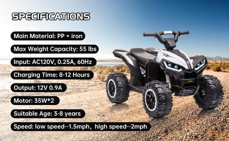 【GARVEE】12V Quad ATV 4 Wheeler with Music and LED Lights, available in White, Red, Pink, Yellow, Black, and Blue, designed for young riders with fun features and vibrant color options 【GARVEE】12V Quad ATV 4 Wheeler with Music and LED Lights, available in White, Red, Pink, Yellow, Black, and Blue, designed for young riders with fun features and vibrant color options