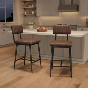 25.6" Counter-Height Metal Bar Stools Set of 2 with Cushioned Segmented Seats, Footrests, and Backrests – Modern Bar Chair Stools for Kitchen Islands and Counters, Brown