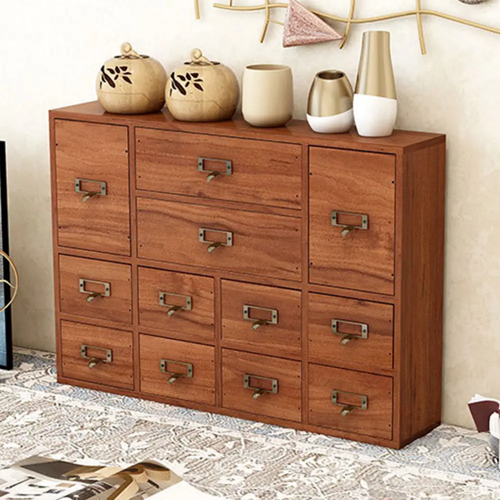 12-Drawer Space-Saving Tabletop Wooden Home Storage Cabinet - 1 Wooden Apothecary Cabinet (19.69x3.94x13.78in) with Label Slots, Metal Handles, Small Stationery Organizer, Library Card Catalog for Bedroom, Kitchen