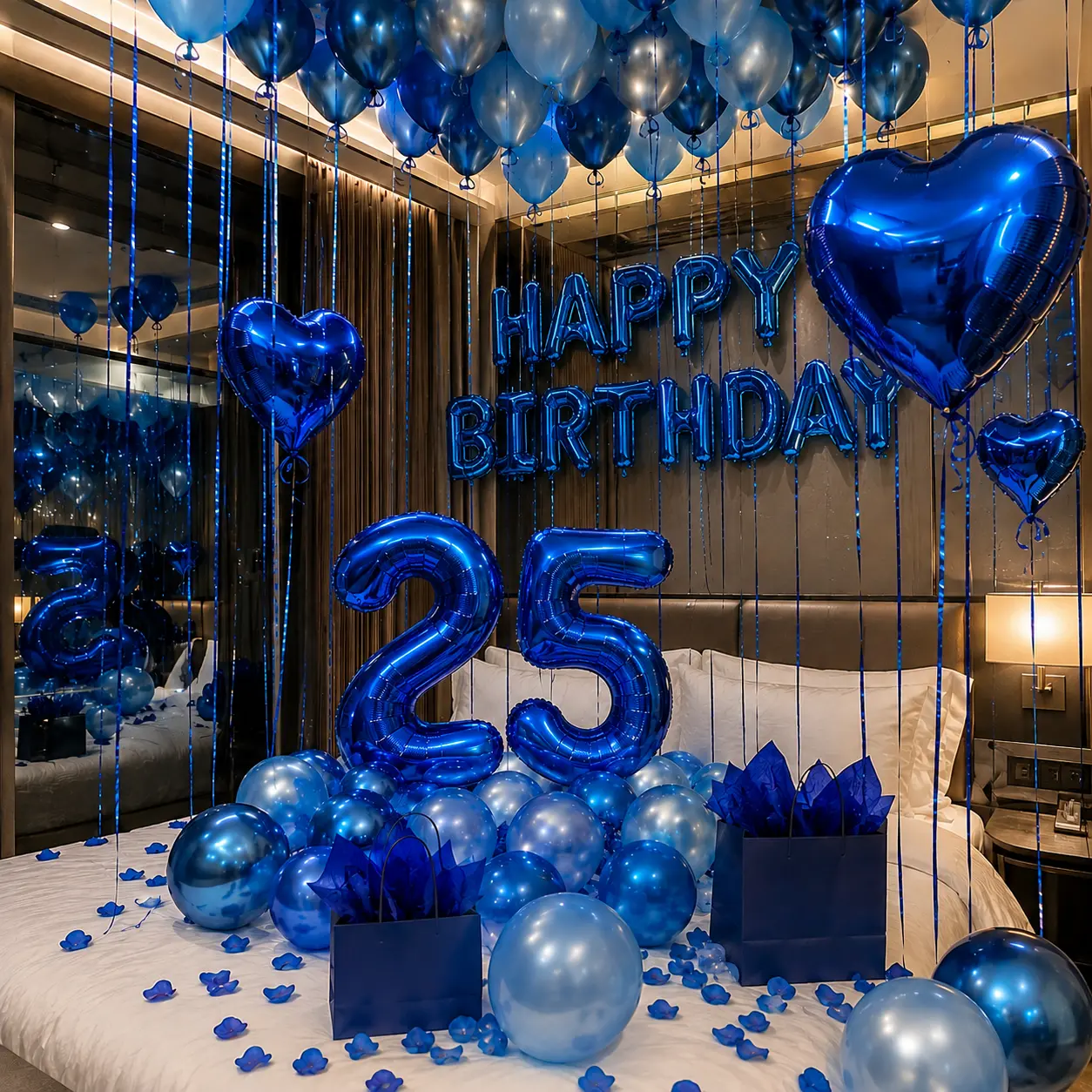 49PCS Blue Birthday Balloons Set with 500pcs Petals, Happy Birthday Foil Balloons, 40 Inch Number Balloons, Blue Heart Balloons, Latex Balloons, Ribbon & Straw for Men Boys Adult Birthday Room Decor