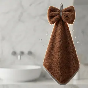 2pcs Dark Brown Bow-Tie Hand Towel Solid Color Adorable Hanging Hand Towel Soft, Absorbent, Quick-Dry Home Use Coral Fleece Kitchen Hand Towel Small Hand Towel, Bathroom Cloth