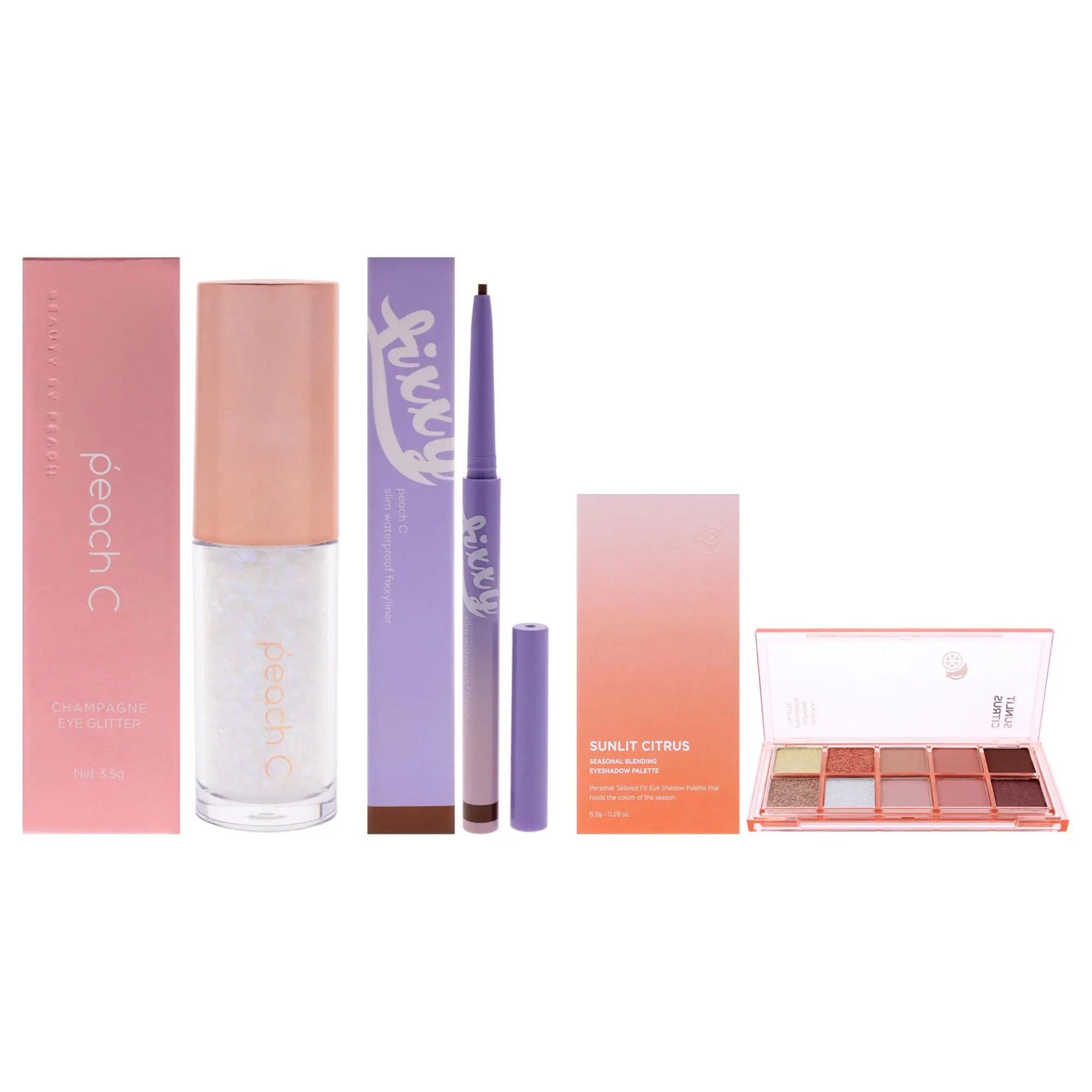 Peach C Women's Makeup Compact Kit Set - 3-Piece Eye Essentials for Polished Look: 0.12 Pure White Eyeshadow, 0.04 Soft Brown Eyeliner, 0.29 Sunlit Citrus Eyeshadow (oz Units Applied to All), Three Pieces