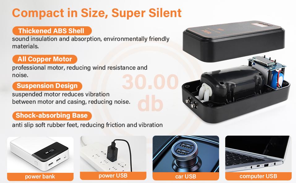 hygger Aquarium Bubble Tube Aquarium Air Pump, Rechargeable Portable Oxygen Pump with Single/Dual Outlets, Ultra Quiet Battery Powered Air Bubbler for Fish Tank up to 200 Gallon