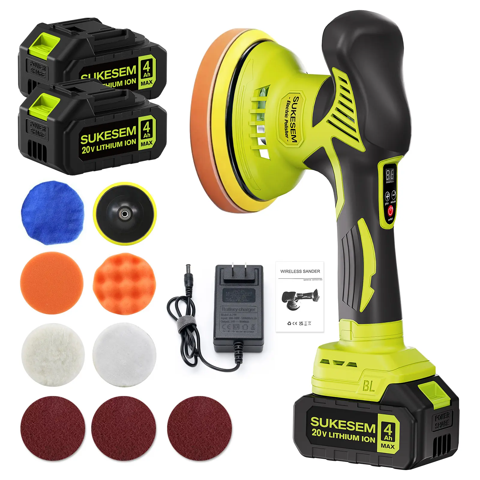 SUKESEM Cordless Electric Polisher Kit - 8-Speed Adjustable Power Tool with 4.0Ah Lithium Batteries, Fast Charger, Green+1 Battery for Vehicle Surfaces, Car Beauty, Scratch Repair, Wax Coating, Long-Lasting Power