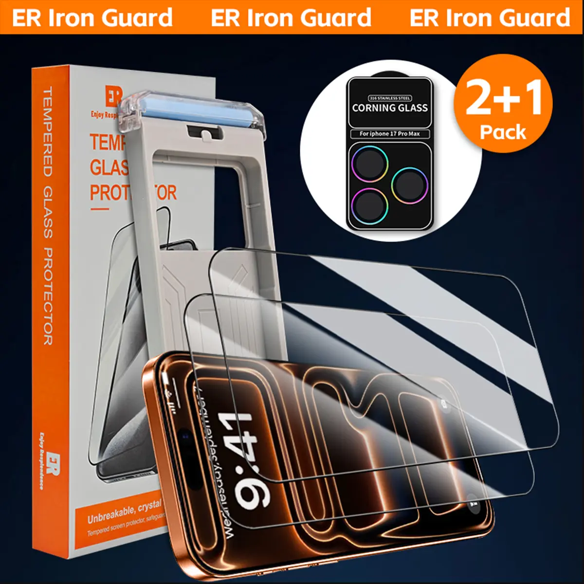ER Iron Guard 3-Pack Screen Protector for iPhone 17/16 – HD Clear /  180° Privacy Filter + 1x Corning Camera Lens Protector, Ultra-Clear & Anti-Spy,Bubble-Free, Scratch Resistant,Easy Installation