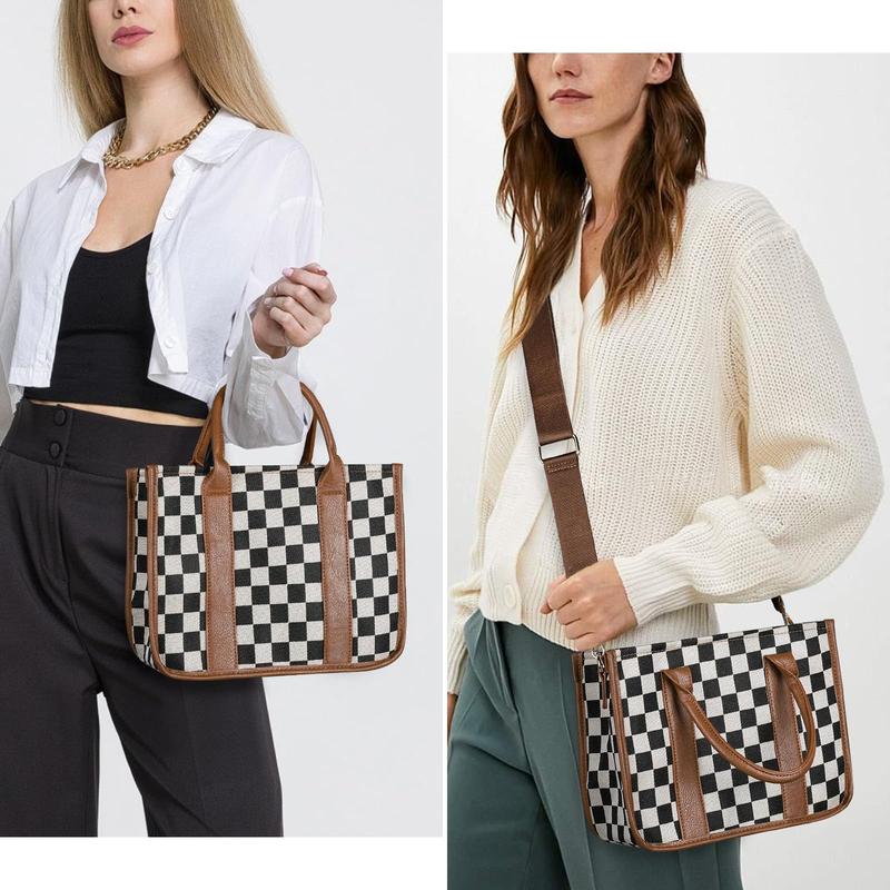 Checkered Crossbody Bag, Canvas Work Tote, Black and White Purse, Casual Tote Handbags for Work & Travel