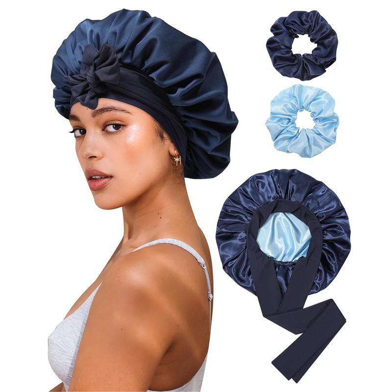 Double Layer Satin Bonnet for Sleeping Cap Women Reversible Hair Bonnets with 2PCS Hair Scrunchies Elastic Tie Band Nightcap Gifts for Women