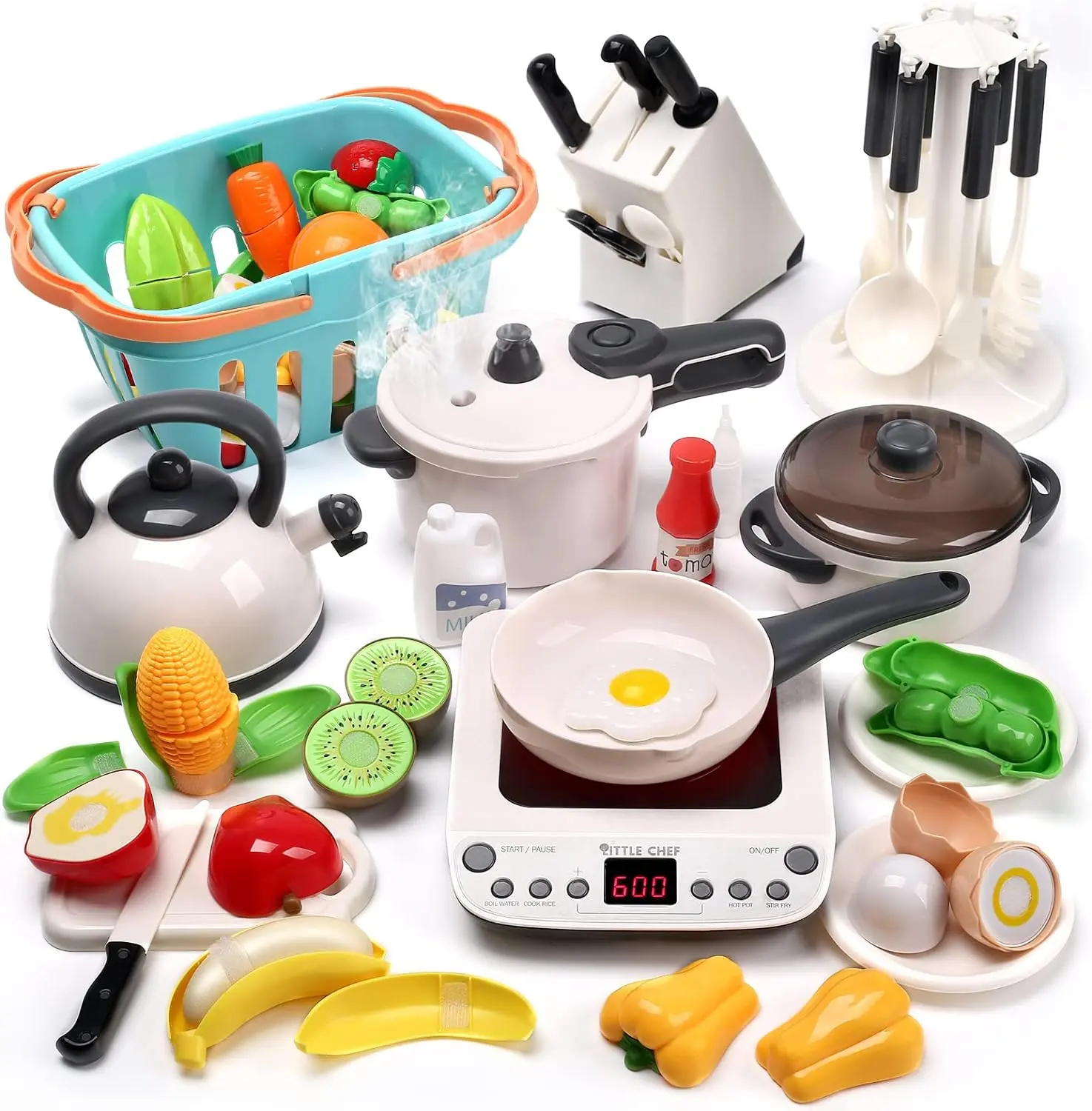 Cute Stone Unisex Toddler Kitchen Pretend Play Set for 3-4 Years - Miniature Shop Set with Induction Cooktop, Pressure Cooker, Frying Pan, Batteries, Safe Child-Sized Kitchen Utensil Holder & Accessories, Shopping Basket