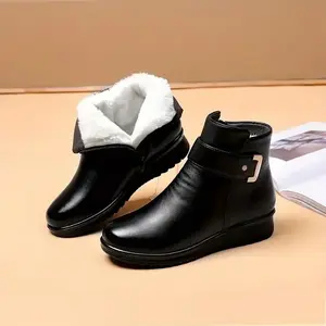 Women's Cozy Fleece-Lined Ankle Boots with Side Zipper - Warm Winter Boots, Retro Style, Low Wedge Heel, Round Toe, PU Cover, Comfortable for Cold Weather, Cozy Everyday Footwear | Retro Style Boots | Pu Cover Boots Walking Shoes Girl