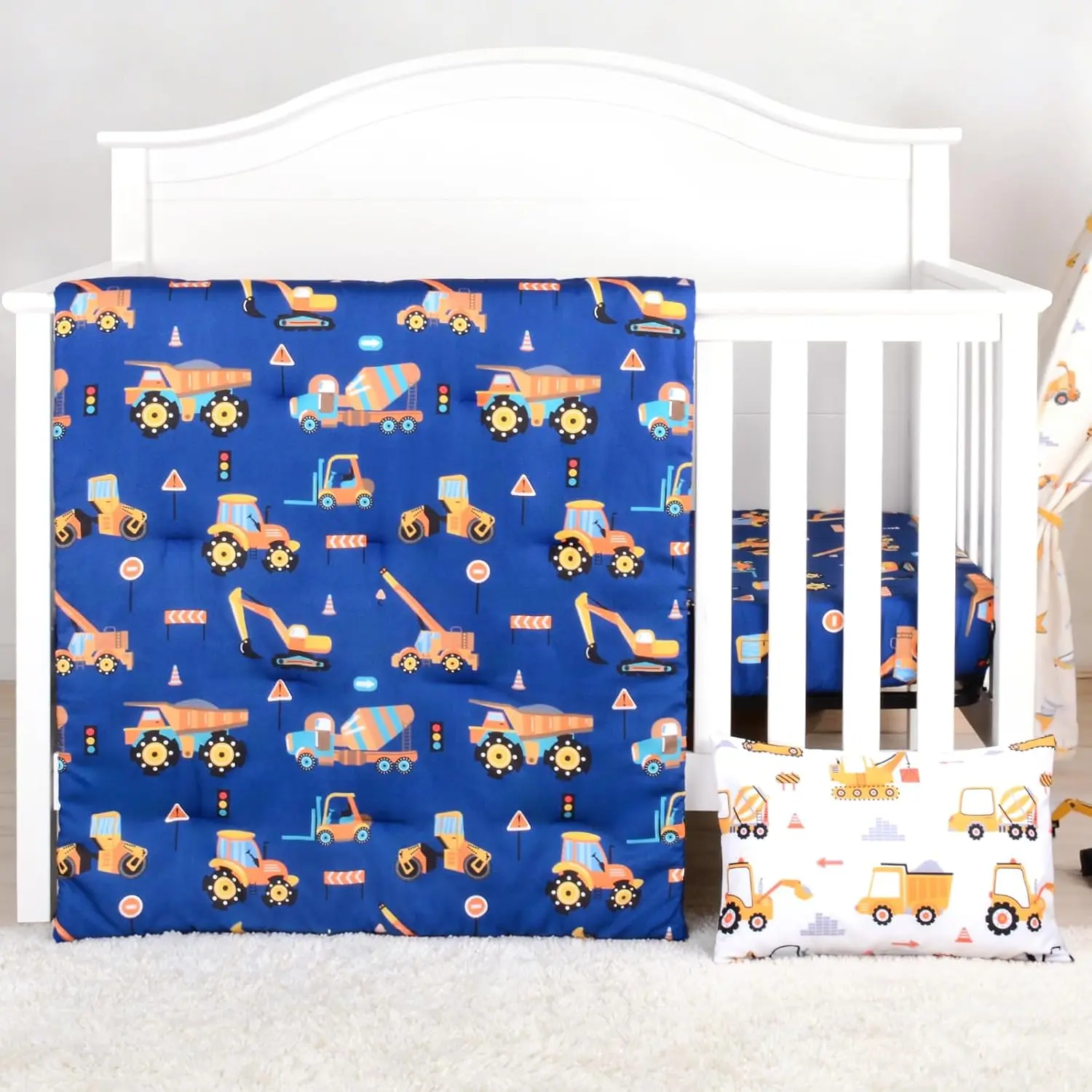 Crib Bedding Set for Boys 3 Piece Engineering Vehicle Baby Boy Crib Bedding Sets with Baby Comforter Crib Sheet Pillowcase Nursery Bedding Set