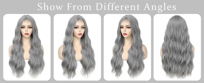 Grey Wig Long Silver Wavy Wigs for Women Middle Part Gray 26 inch Natural Curly Synthetic Wig Heat Resistant Fiber Wigs for Daily Party Use