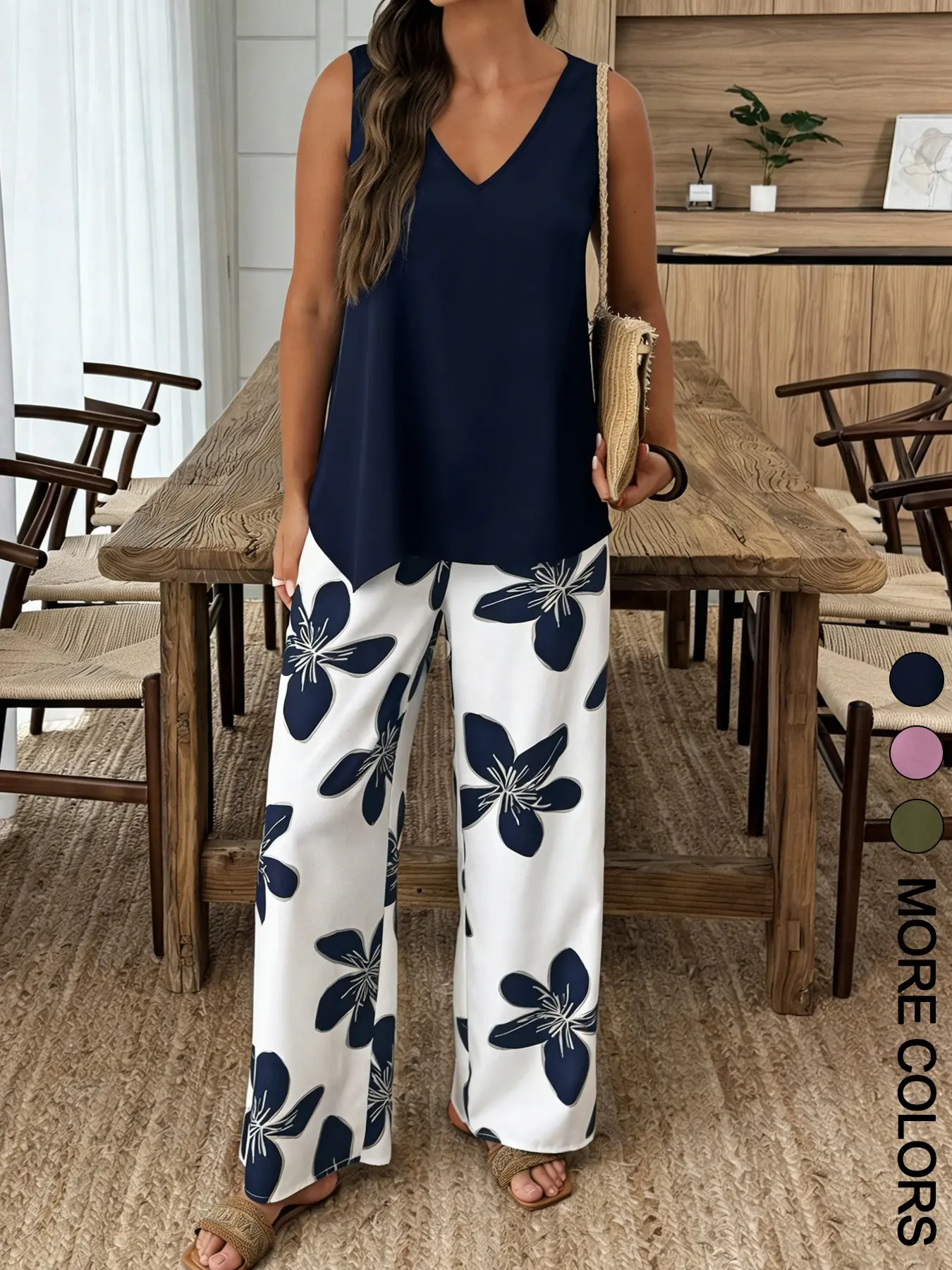 Women's Casual Chic Summer Outfit Set Vacation Style Beach V-Neck Sleeveless Tank Top and Floral Print Long Pants Set, Two-Piece Clothes for Relaxing and Stylish Looks