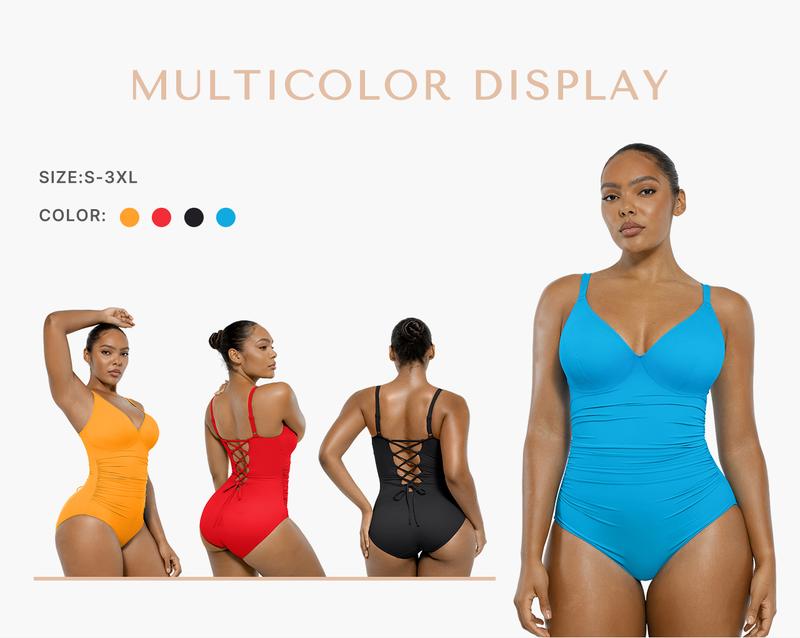 Shapellx Women's Back Drawstring One-piece Swimsuit V-neck Elastic Triangle-Cut Bottom Customizable Shoulder Band Removable Swimwear Shapellx Women's Back Drawstring One-piece Swimsuit V-neck Elastic Triangle-Cut Bottom Customizable Shoulder Band Removable Swimwear