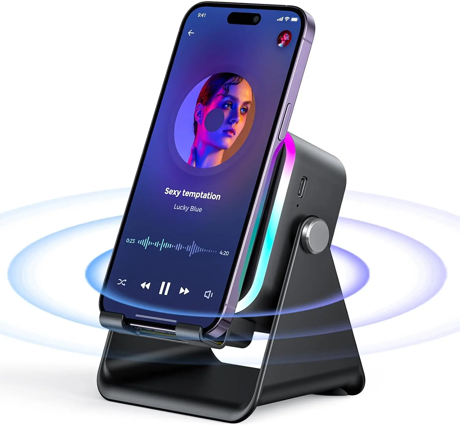 Induction Speaker with Phone Stand 5 in 1 Wireless Bluetooth Audio Black | Phone Speakers Amplifie For iPhone and Android Rechargeable Colorful Light. Birthday gift for men women and teens.