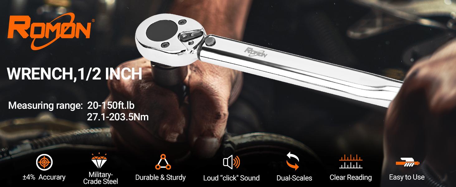 ROMON Torque Wrench 1/2 Inch, 5 Pcs Drive Click Torque Wrench Set, Dual-direction Torque Wrenches 27.1-203.5N.m/20-150ft.lb, 72-tooth, ±4% High Precision For Motorcycle, Car