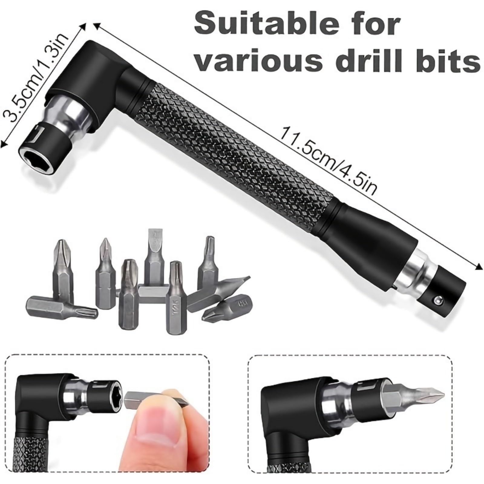 6Pcs Right-Angle Drill Bit Accessory, Including 3*360°Rotatable 1/4", 1*(3/8"&1/2") Impact-Grade Socket Adapters, 2*(105°Hex Shank Angle Adapters & 90°Right-Angle Drill Bit),Heavy-Duty Tool Kit
