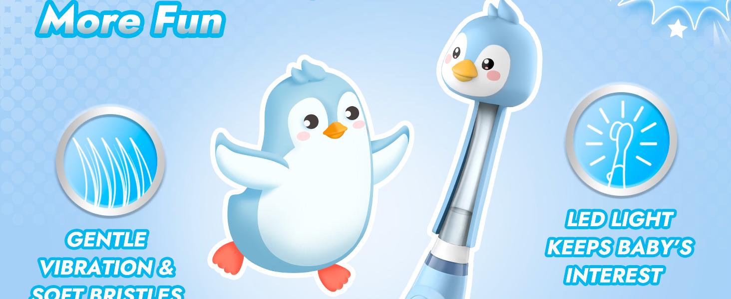Papablic (Pippin) Toddler Sonic Toothbrush 1-3Y with Smart LED Timer & Penguin Cover, 2 Brush Heads, Lightweight Oral Hygiene for Kids, Dentist Pick!