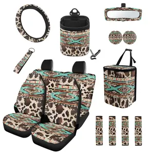 15pcs Car Seat Covers Full Set, Western Cow Print Accessories for Car Interior, Seatbelt Pads Keychain Steering Wheel Cover Coasters Garbage Bag, Stretch Car Decoration
