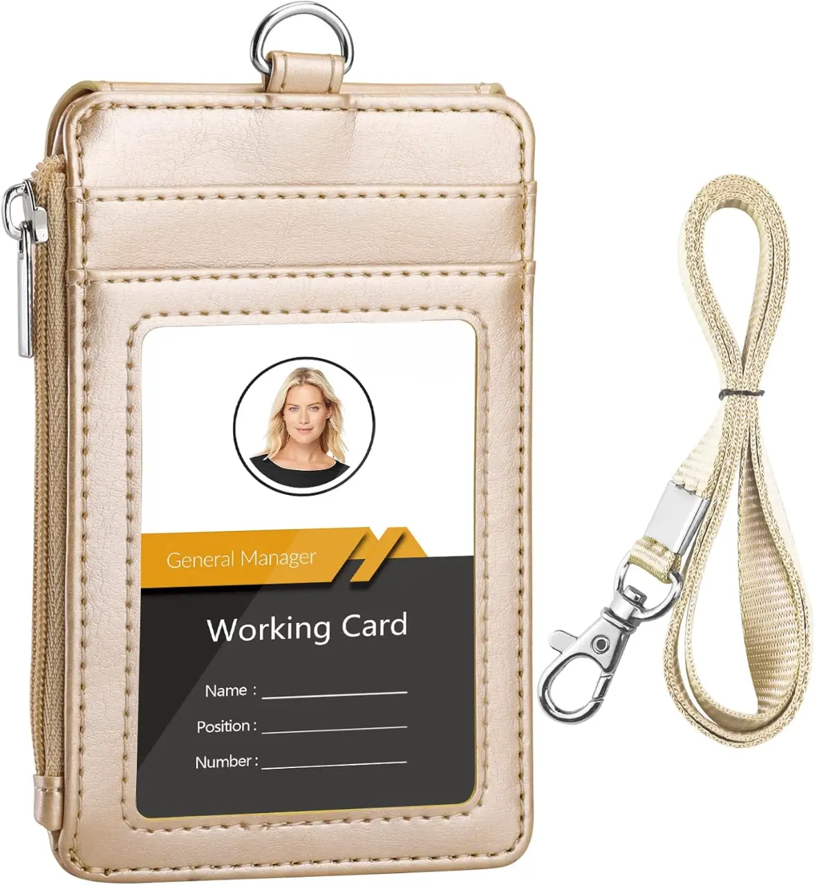 Badge Holder with Side Zip Pocket and Neck Lanyard Multiple Card Slots Leather ID Holders for Office Teachers Students