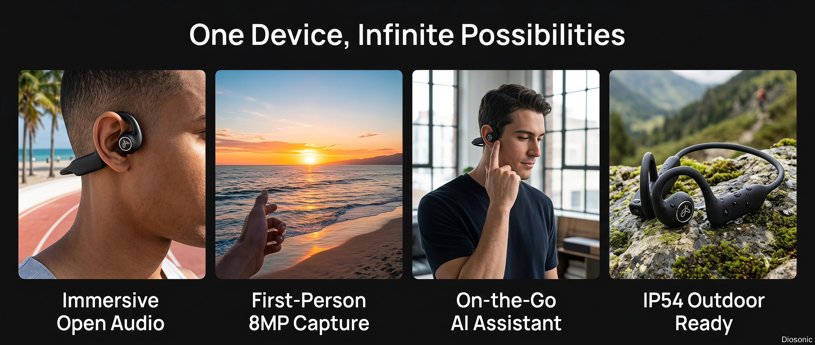 DIOSONIC New AI Smart Camera Open-Ear Earphones, Bluetooth 5.3 Wireless Chargeable Earbuds with 8MP Camera, 1080P Video, Wi-Fi Sync, IP54 Rated, Magnetic Charging, Audio, Recording, Instant Connection for Cycling, Outdoor Sports